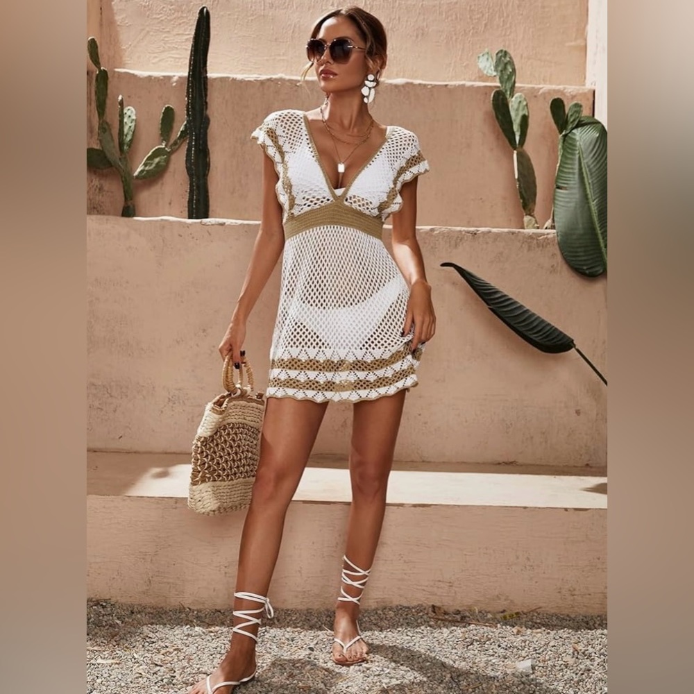 Beautiful White and Tan Crochet beach cover up dress L
